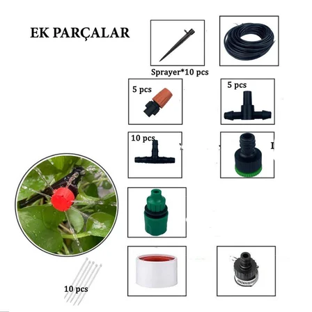 10 Metre Bahçe Damlama Sulama Sistemi Seti Hortum ve Ek Parçaları (2)