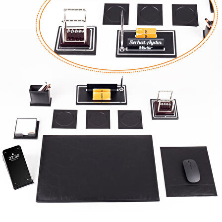 Opta 10 Parça Denge Topu Biblolu Siyah Deri Sümen Seti Takımı Gümüş Ofis Masa İsimliği Lüks İsimlik