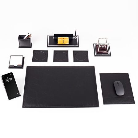 Opta 10 Parça Denge Topu Biblolu Siyah Deri Sümen Seti Takımı Gümüş Ofis Masa İsimliği Lüks İsimlik