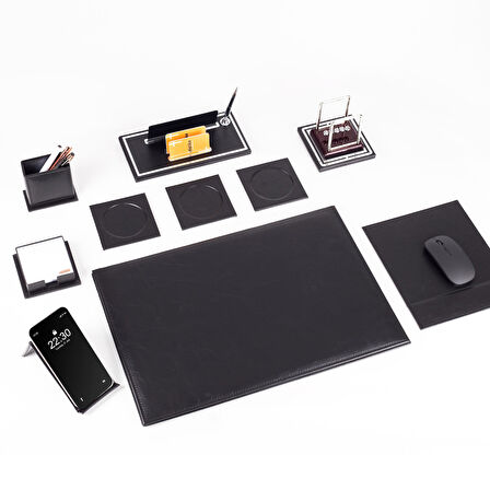 Opta 10 Parça Denge Topu Biblolu Siyah Deri Sümen Seti Takımı Gümüş Ofis Masa İsimliği Lüks İsimlik