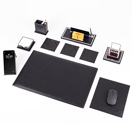 Opta 10 Parça Denge Topu Biblolu Siyah Deri Sümen Seti Takımı Gümüş Ofis Masa İsimliği Lüks İsimlik