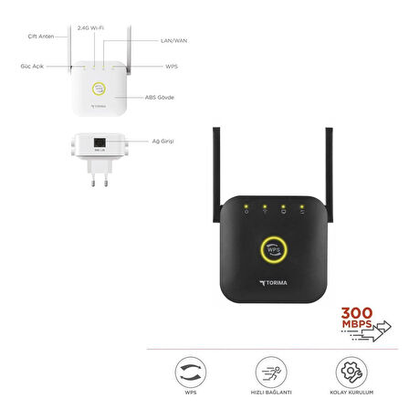 TORİMA WR-25 Kablosuz Menzil Genişletici Router Wi-Fi 300 Mbps Siyah-Beyaz