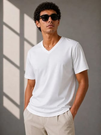 Modi Green Erkek V Yaka Basic Tişört Kısa Kol Yazlık Regular Fit T-Shirt - Beyaz