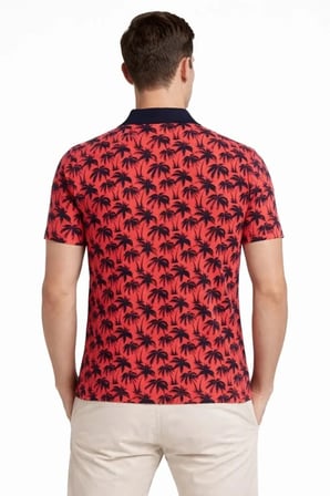 Modi Green Erkek Pike Kumaş Polo Yaka Palmiye Desenli Tişört Kısa Kol Yazlık T-Shirt - Kırmızı