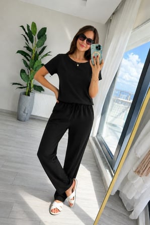 Kadın Kısa Kollu Bisiklet Yakalı Viskon Iki Iplik Bluz Ve Pantolon Ikili Takım - Siyah / 2XL-3XL
