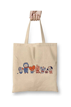 Bts Bt21 Christmas Time Yılbaşı Beyaz Bez Çanta Uzun Saplı Alışveriş Çantası Plaj Çantası