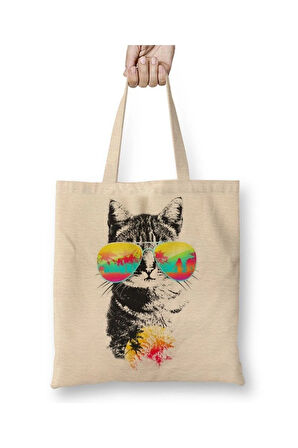 Cat Kedi Cat Kedi Esintisi Güneş Gözlüklü Beyaz Bez Çanta Uzun Saplı Alışveriş Çantası Plaj Çantası