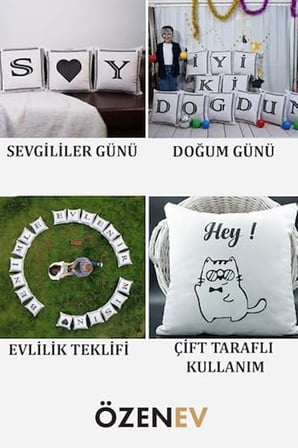 Harfli Kırlent Kılıfı Kadife 43X43 Cm Çift Taraflı Ü Harfi Kedi Desenli Evlilik Teklifi Doğum Günü