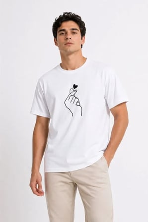 Modi Green Erkek Kore Parmak Kalp Aşk Temalı Minimal Baskılı Tişört Yazlık Kısa Kol T-Shirt - Beyaz