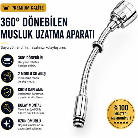 360° Hareketli Musluk Uzatma Başlığı, 2 Modlu Güçlü Su Akışı, Esnek Krom Tasarım, Su Tasarruflu, Sıçrama Önleyici, Kolay Takılan Musluk Aparatı, Mutfak ve Banyo Uyumlu, Paslanmaz Çelik