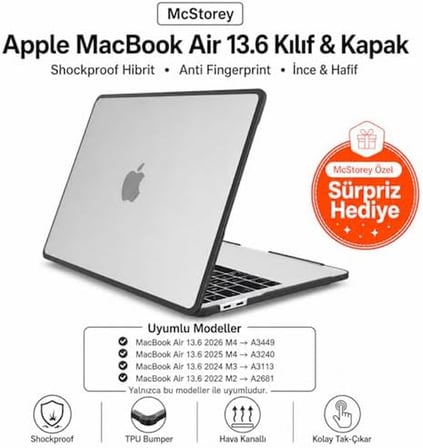 MacBook Air 13.6 inç M2 M3 M4 M5 Uyumlu Darbe Korumalı Sert Kılıf | Rugged Koruma Hard Case – A2681 A3113 A3240 A3449 Güçlendirilmiş Köşe Koruma Şeffaf