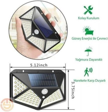 Menfry 50W Solar Güneş Enerjili Duvar Aplik 100 Ledli Bahçe Aydınlatması Sensörlü Duvar Armatürü 1200 Lümen