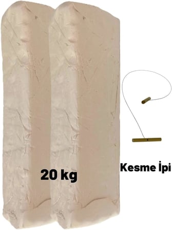 Beyaz Seramik Hamuru, Doğal Kil Çamuru, Oyun Hamuru, 20 Kg, Çamur Kesme Teli-ipi beyaz
