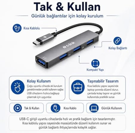 SW-U324 Type-C Metal USB Hub, 3x USB 2.0 + 1x USB 3.0 4 Port USB Çoklayıcı, Alüminyum Gövde Gri USB-C Hub, Laptop Tablet PC MacBook İçin Mouse Klavye USB Bellek Aksesuar Bağlantı Adaptörü