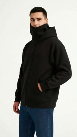 Modi Green Samuray Ninja Çift Kapüşonlu ZIP Fermuarlı Kanguru Cepli Tam Fermuarlı Hoodie Sweatshirt - Siyah