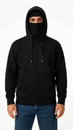 Modi Green Samuray Ninja Çift Kapüşonlu ZIP Fermuarlı Kanguru Cepli Tam Fermuarlı Hoodie Sweatshirt - Siyah