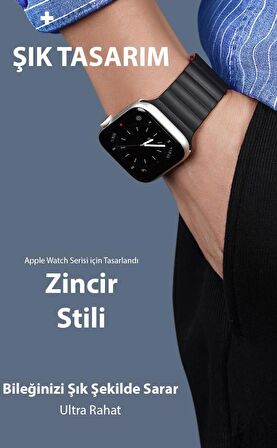 Polham Zincir Style Apple Watch 42-44-45MM için Mıknatıslı Kordon Kayış, Ultra Rahat Yıkanabilir