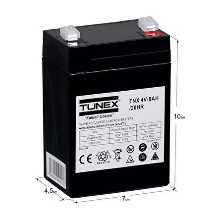 TUNEX 4V 8A 0,71 Kg Kuru Bakımsız Akü (70*47*101 Mm) TNX-4V8A