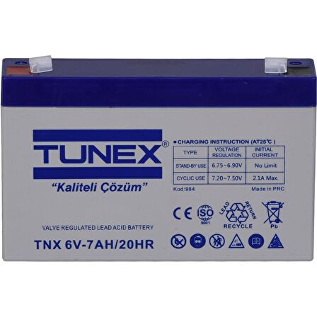 TUNEX 6V 7A 1,08 Kg Kuru Bakımsız Akü (151*35*94*100 Mm) TNX-6V7A