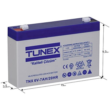 TUNEX 6V 12A 1,63 Kg Kuru Bakımsız Akü (151*50*94*100 Mm) TNX-6V12A