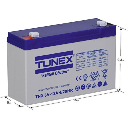 TUNEX 6V 12A 1,63 Kg Kuru Bakımsız Akü (151*50*94*100 Mm) TNX-6V12A