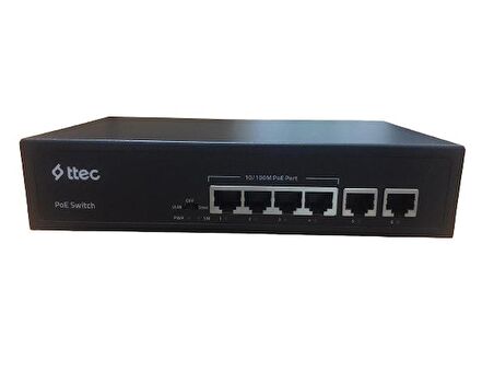 Ttec 0665P 4+2 Portlu, 10/100 Fast Ethernet, POE Switch 2 FAST ETHERNET Uplink, 4 Port PoE + 65W