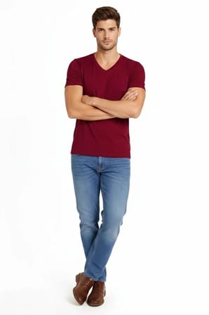 Modi Green Erkek T-Shirt V Yaka Slim Fit Dar Kesim Likralı Tişört Günlük Basic Body - Bordo