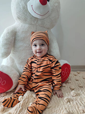 3-6-9-12 Ay Pooh Desenli Zebra Çizgili Şapkalı Sweatli 3lü Kız Erkek Bebek Tulumu (turuncu)