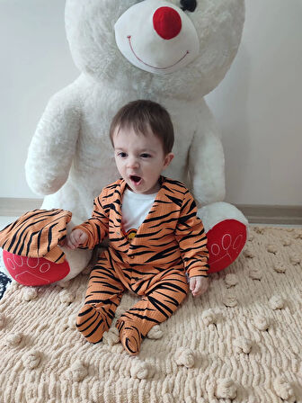 3-6-9-12 Ay Pooh Desenli Zebra Çizgili Şapkalı Sweatli 3lü Kız Erkek Bebek Tulumu (turuncu)