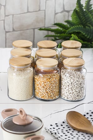 9 Lu Set Bambu Kapaklı Cam Kavanoz & Erzak Saklama Kabı 800 ml Orta Boy (Vakum Kapak)