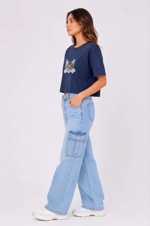 Modi Green Kedi Baskılı Oversize Crop Tişört Salaş Basic Yarım Kol T-shirt - Lacivert