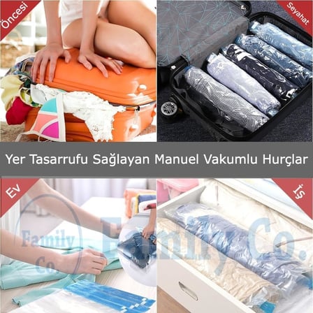 Family Co. 6'lı Manuel Vakumlu Seyahat Poşeti Hurcu – 40x60 cm - 3 Adet, 30x40 cm - 3 Adet | Sıvı Geçirmez, Küf Toz Haşere Koku Yapmaz | Valiz Düzenleyici Organizer – Pompa Süpürge Gerektirmez