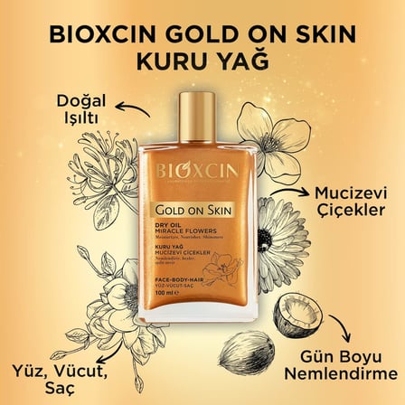 Gold On Skin Kuru Yağ – Yasemin, Manolya, Hanımeli, Kalendula ve Hindistan Cevizi Yağları İçeren Işıltı Veren Nemlendirici – 100 ml – Tüm Cilt Tipleri İçin