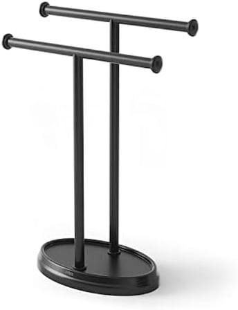 Umbra Palm lavabo için havlu askısı, serbest duran havlu askısı, iki kollu metal takı koyma yeri ile, siyah, standart boyut