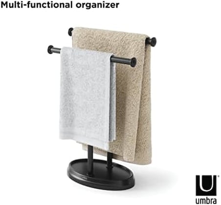 Umbra Palm lavabo için havlu askısı, serbest duran havlu askısı, iki kollu metal takı koyma yeri ile, siyah, standart boyut