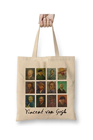 Van Gogh Self Portraits Beyaz Bez Çanta Uzun Saplı Alışveriş Çantası Plaj Çantası