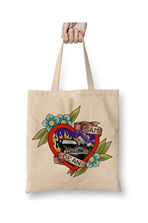 Supernatural Sam Dean Beyaz Bez Çanta Uzun Saplı Alışveriş Çantası Plaj Çantası