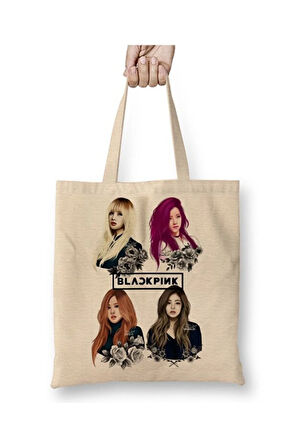 Black Pink Blackpink Beyaz Bez Çanta Uzun Saplı Alışveriş Çantası Plaj Çantası