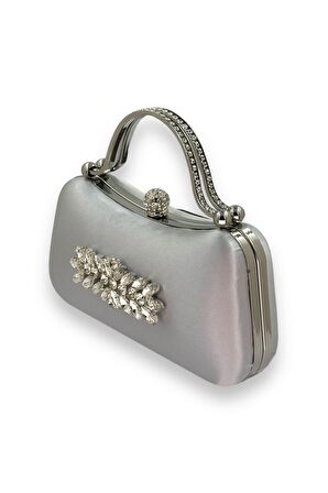Gümüş Gri Lame Renk Saten  Abiye Çanta Kristal Taşlı Metal Saplı Abiye Çanta