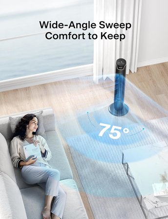 Kule Fan, Uzaktan Kumanda, 38dB Fısıltı Sessizliği, 5 Hız Kademesi ve 4 Mod, LED Ekran, 15h Zamanlayıcı, 90° Salınım