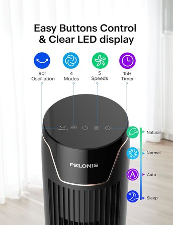 Kule Fan, Uzaktan Kumanda, 38dB Fısıltı Sessizliği, 5 Hız Kademesi ve 4 Mod, LED Ekran, 15h Zamanlayıcı, 90° Salınım