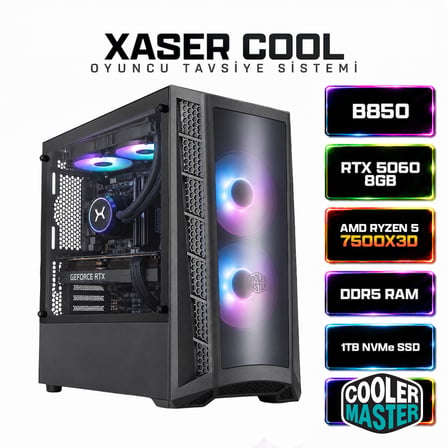 Xaser Cool X50 Ryzen 5 7500X3D 16GB DDR5 Ram 1TB M.2 NVMe SSD 8GB RTX5060 Sıvı Soğutmalı Oyuncu Bilgisayarı