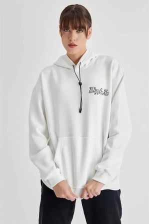 Modi Green Kapüşonlu Sırt Baskılı Üç İplik Oversize Sweatshirt - Beyaz