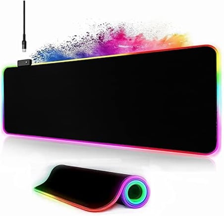 Owege Oyun fare altlığı XXL 800 x 300 mm RGB fare altlığı, büyük, 14 aydınlatma modu, 7 LED renk, dikişli kenarlar, su geçirmez, kaymaz, hassasiyeti artırır, komple siyah