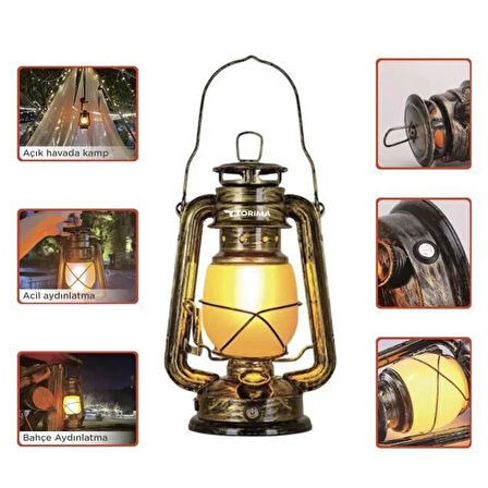TORİMA LW-41 Ahşap Nostaljik Kamp Lambası Acil Durum Işığı Şarjlı Led Gaz Lambası