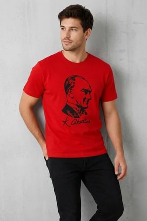 Modi Green Erkek Atatürk Baskılı Tişört Kısa Kollu Bisiklet Yaka T-Shirt - Kırmızı
