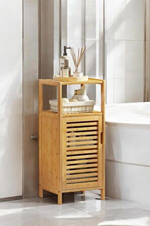 Digithome Bambu Tek Kapaklı 2 Raflı Çok Amaçlı Banyo Düzenleyici Organizer Dik Dolap JW-23090