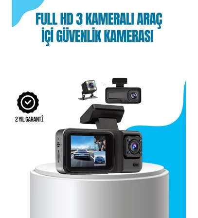 3 Kameralı Araç İçi Kayıt Cihazı 1080P Full HD Gece Görüşlü ve Wi-Fi Bağlantılı