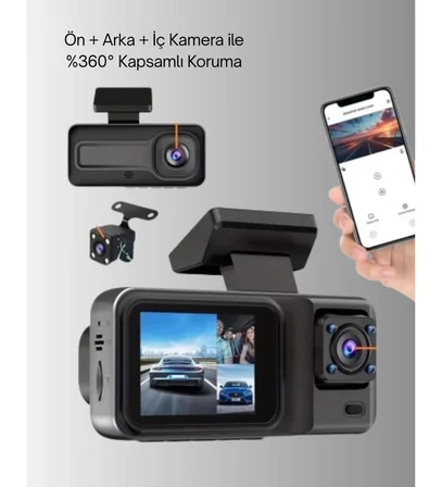 3 Kameralı Araç İçi Kayıt Cihazı 1080P Full HD Gece Görüşlü ve Wi-Fi Bağlantılı