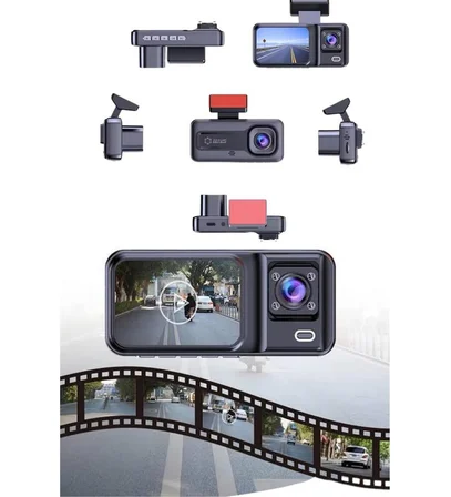 1080P 3 Lensli WİFİ Araç İçi Kameralı Ekran DVR Kaydedici Gece Görüşlü